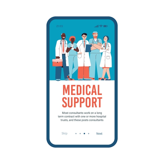 Medical support application onboarding page cartoon vector illustration