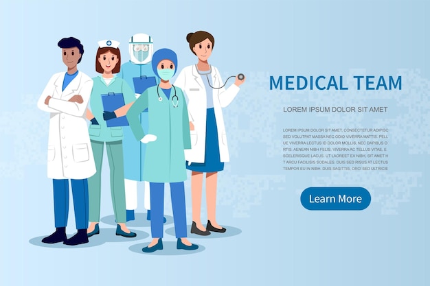 Medical team Doctor nurse surgeon assistant and copy space Cartoon character Vector