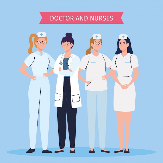 Medical team and staff, female doctor and nurses illustration design