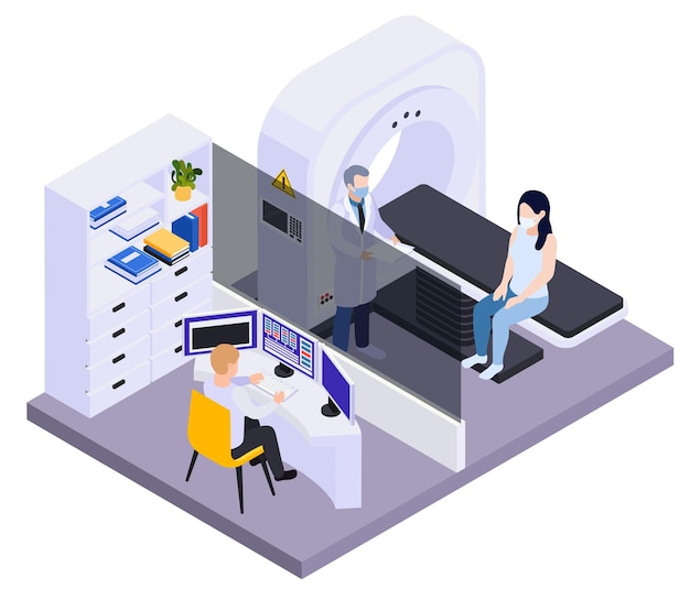 Medical testing of patient in clinic with help of high tech equipment such as computer tomograph isometric composition  illustration