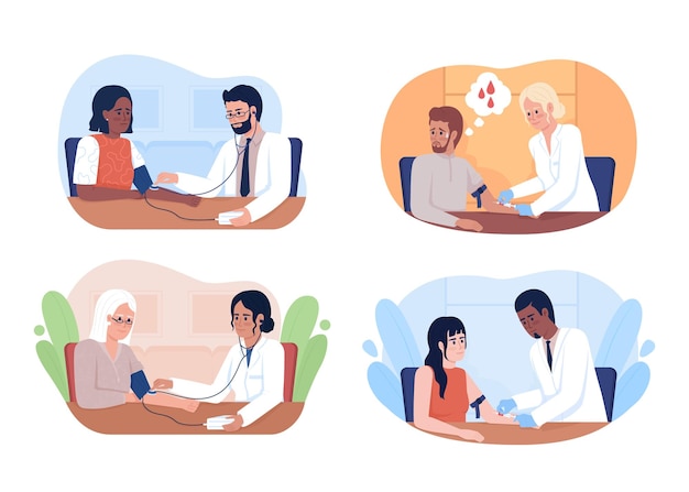 Medical tests for patients 2D vector isolated illustrations set