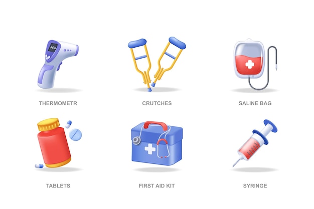 Medical tools d icons set in modern design pack isolated elements of thermometer crutches saline bag