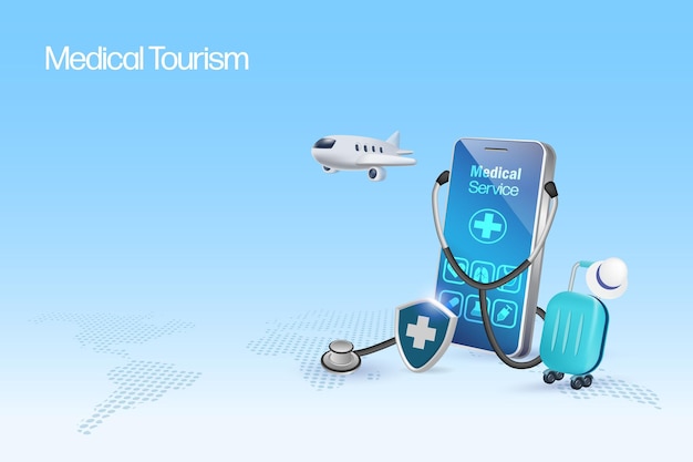 Medical tourism concept Stethoscope on smartphone with airplane and luggage symbol of tourist passenger flying for medical treatment and surgery service 3D vector