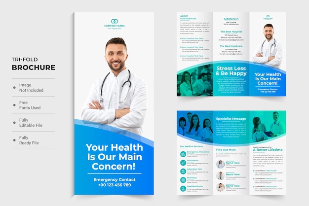 Medical trifold brochure template design with blue color shapes Modern hospital service poster layout vector for marketing Hospital promotional template design with photo placeholders