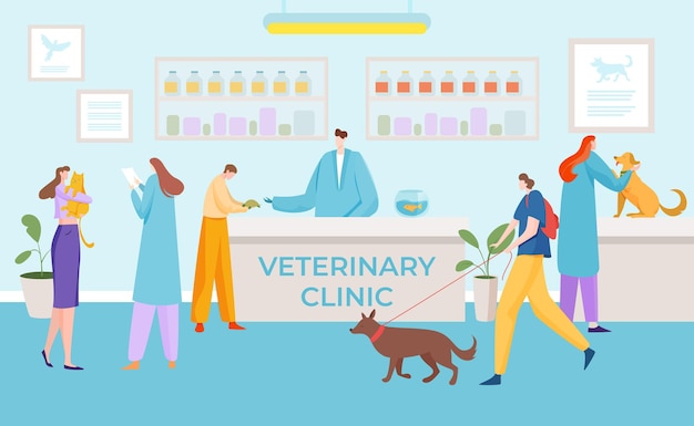 Medical veterinary clinic patient waiting room domestic animal healthcare flat illustration