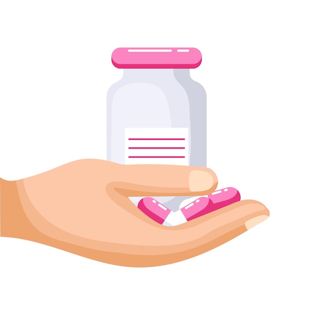 Medical vial with pills and capsules in hand. Illustration, icon, vector