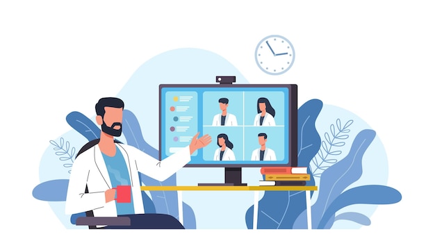 Medical video conference. Online doctors meeting with computer app, web consultation. Internet working webinar with hospital specialist. Telemedicine diagnosis medic advice telehealth vector concept