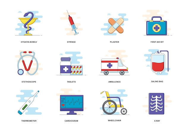 Medical web concept stroke flat line icons isolated set Clinic hospital items