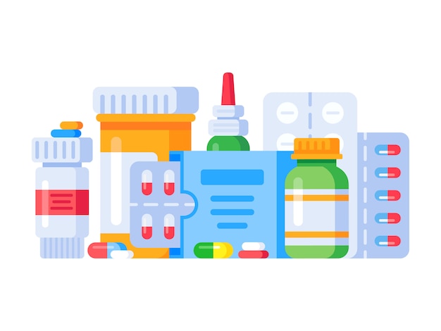 Medication drugs. Pills and pharmacy drug bottles, flat illustration