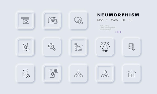 Medications set icon Pills prescription doctor calendar schedule heart magnifier blister glass of water jar cross pharmacy leaf eco Healthcare concept Neomorphism Vector line icon