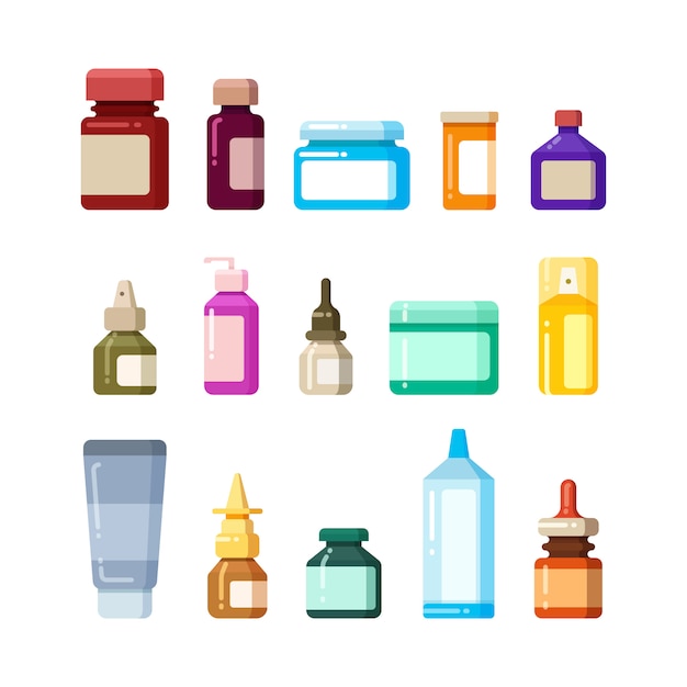 Medicine bottles for drugs, pills and vitamins flat icons