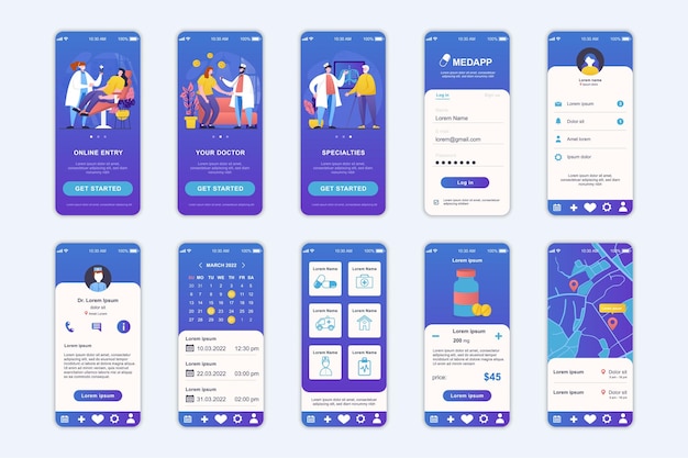 Medicine concept screens set for mobile app template UI UX GUI user interface kit