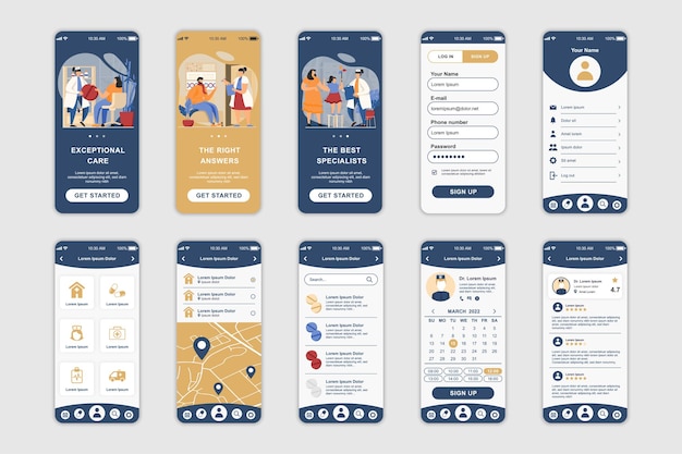 Medicine concept screens set for mobile app template UI UX GUI user interface kit