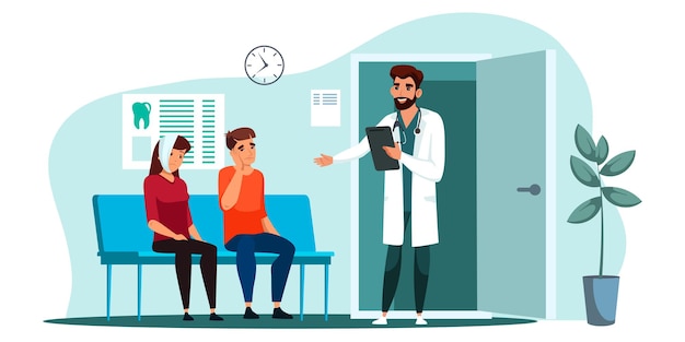 Medicine dental clinic hall interior. Doctor dentist in uniform inviting next patient at appointment. Woman and man character suffering from toothache. Dentistry office, stomatologist cabinet. Vector