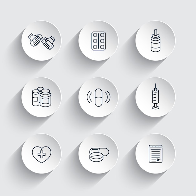 Medicine, drugs, pills, line icons on round 3d shapes, vector illustration