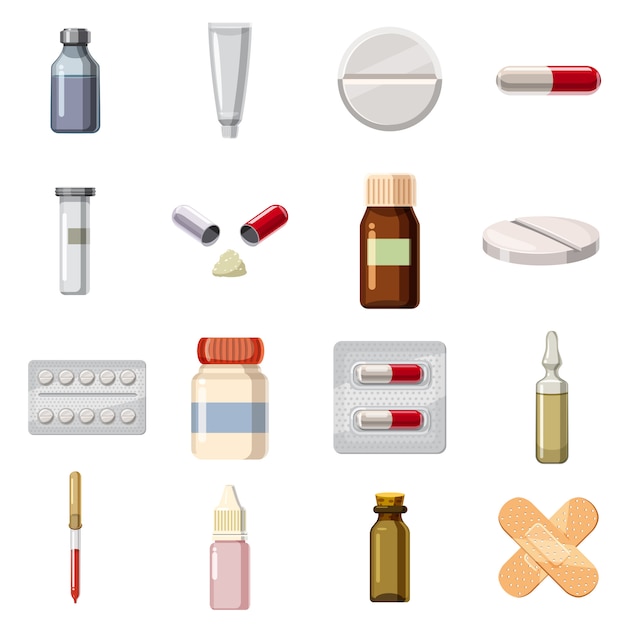 Vector medicine drugs types icons set, cartoon style