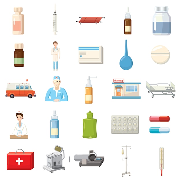 Medicine equipment icons set in cartoon style