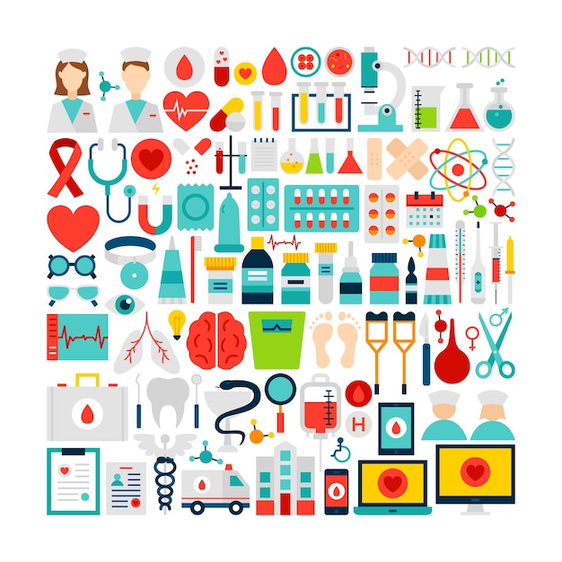 Medicine and Health Objects Set. Treatment Colorful Symbols isolated over White.