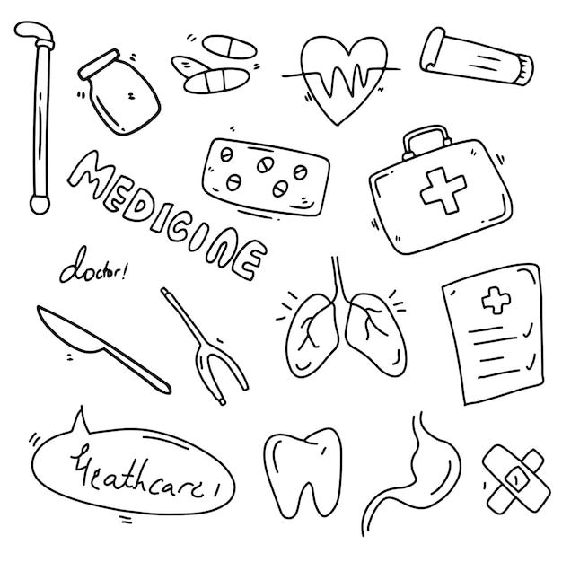 Medicine line doodle set bundle vector