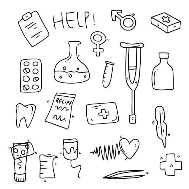 Medicine line doodle set bundle vector