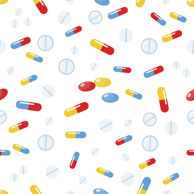 Medicine pattern Seamless print with drugs Treatment pills Health care background Vitamin capsules Antibiotic or painkiller Medicament dose Prescription remedy Vector texture