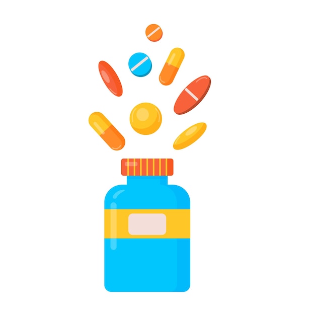 Medicine, pharmacy concept. Drug, medication vector illustration. Pill bottle with tablets on top.