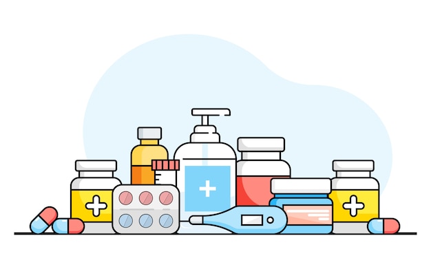 Medicine, pharmacy, hospital set of drugs with labels on a white background. Medication, pharmacy concept. Flat graphics. 