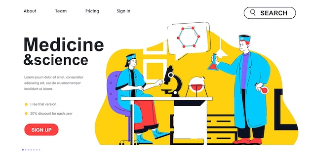 Medicine and science concept for landing page template Doctor and laboratory assistant do research in lab Medical clinic people scene Vector illustration with flat character design for web banner