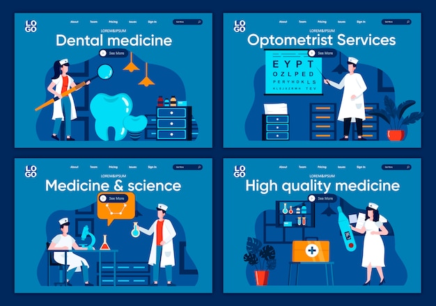 Medicine and science flat landing pages set. Laboratory diagnostics, pharmacology research scenes for website or CMS web page. High quality dental medicine and optometrist services illustration