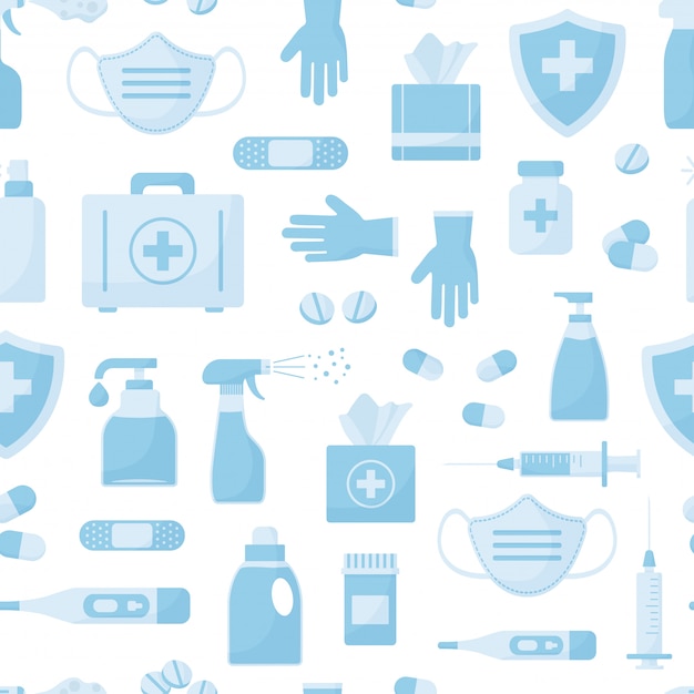 Medicine seamless pattern, blue objects isolated on white background.