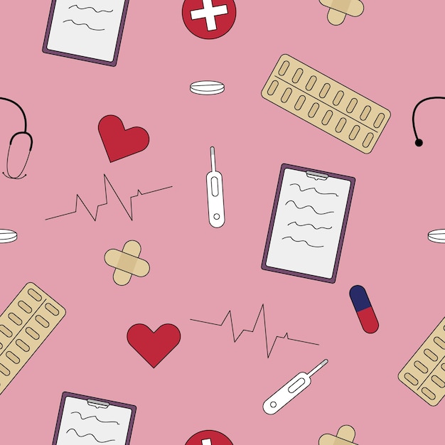 Medicine seamless pattern. Tablet, pills, stethoscope, plaster