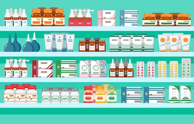 Medicine shelf pharmacy showcase vector illustration background with formacology products