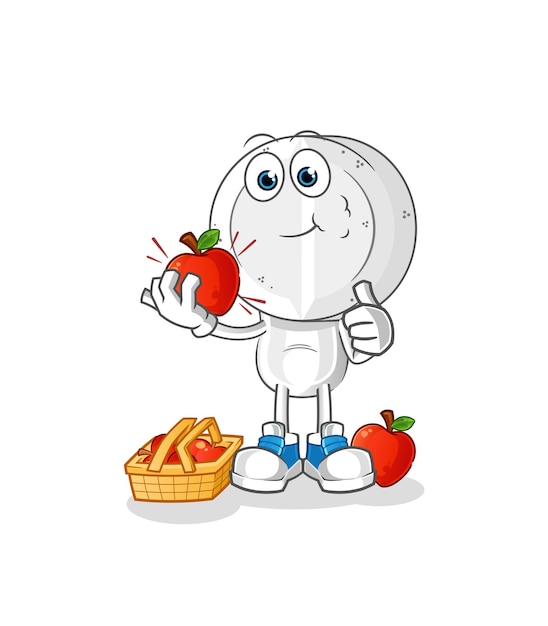 medicine tablet head cartoon eating an apple illustration. character vector