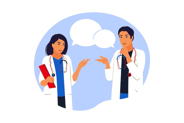 Medicine team concept with couple of doctors in hospital. Practitioner young doctors young man and woman standing. Consultation and diagnosis. Vector illustration. Flat