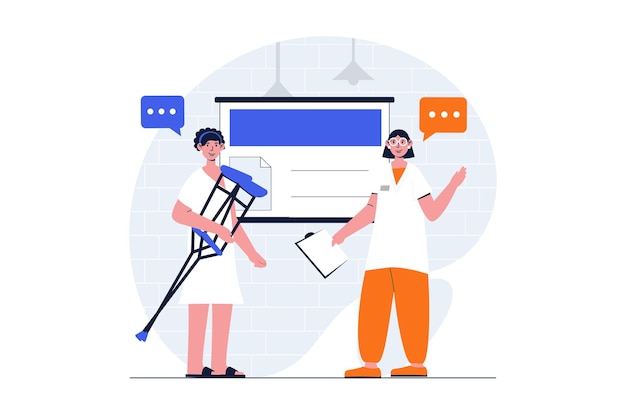 Medicine web concept with character scene Patient with crutch gets rehabilitation and consults with doctor People situation in flat design Vector illustration for social media marketing material