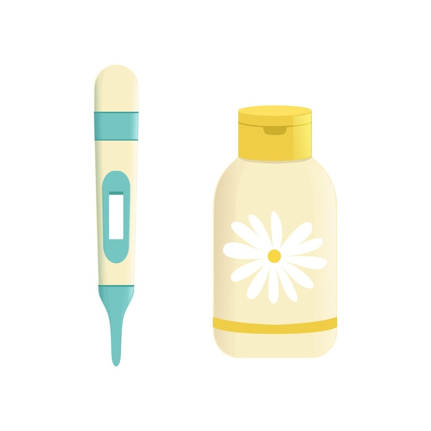 Medicine with chamomile in plastic bottle and digital medical thermometer vector Illustration isolated on a white background.