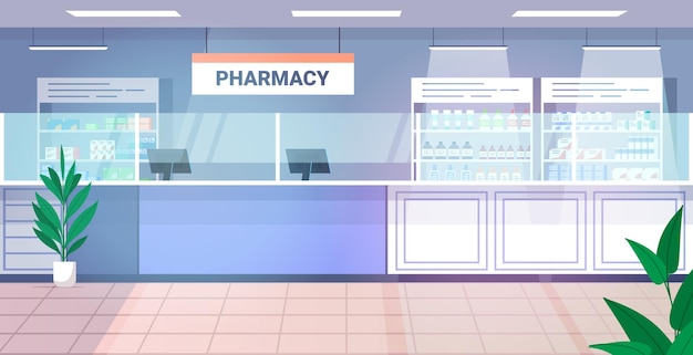 medicines arranged in shelves empty no people pharmacy modern drugstore interior horizontal vector illustration