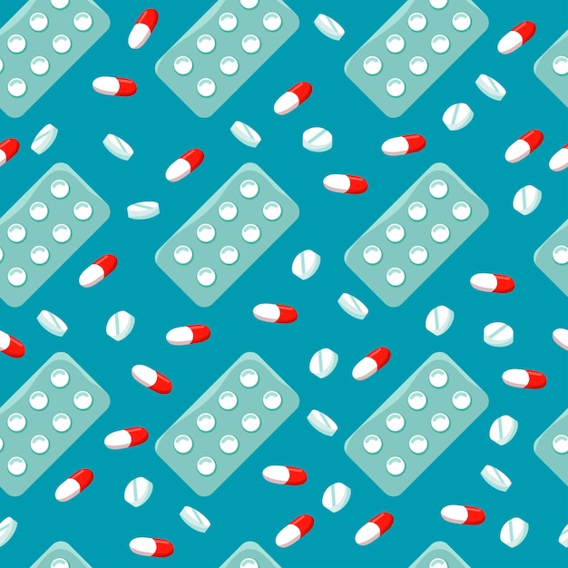 Medicines and pills on a blue backgroundVector seamless pattern