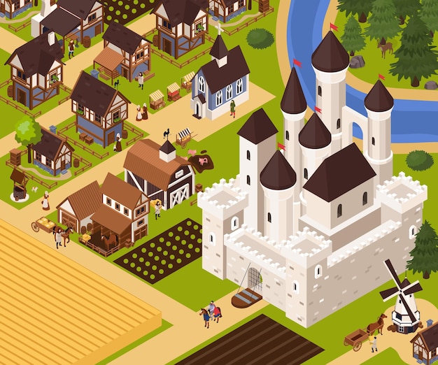 Medieval architecture isometric background with castle field and house illustraion