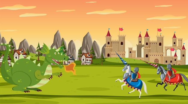 Medieval battle scene in cartoon style