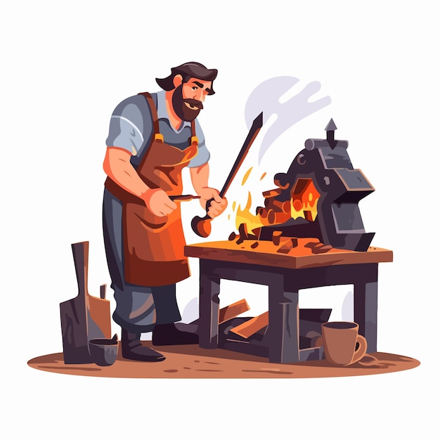 Medieval Blacksmith Crafting Hot Iron Metal in Workshop