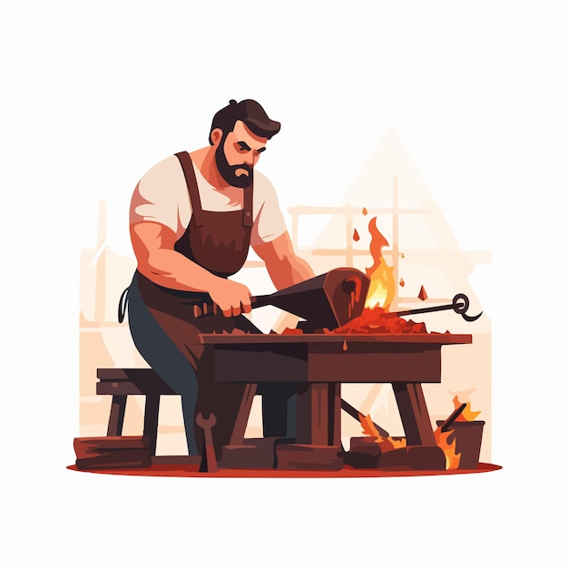 Vector medieval blacksmith crafting hot iron metal in workshop