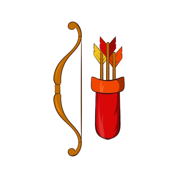 Medieval bow with arrows and quiver icon in cartoon style on a white background