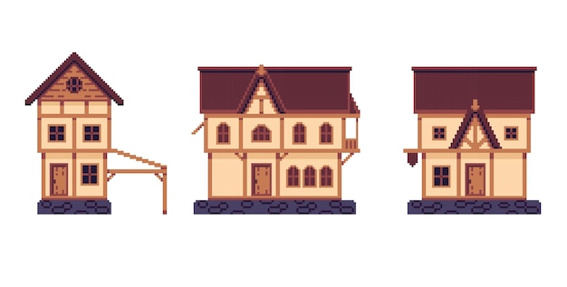 Vector medieval building pixel art set. ancient european house collection. historical urban element.