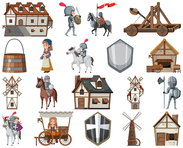 Medieval cartoon characters and objects