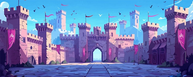 Medieval castle courtyard with a drawbridge and banners Vector flat minimalistic isolated illustration