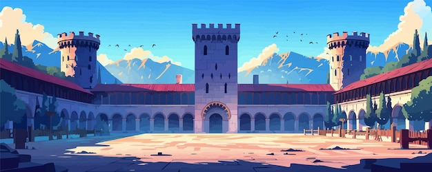 Medieval castle courtyard with a jousting arena Vector flat minimalistic isolated illustration