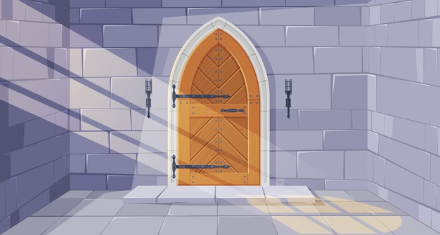 Medieval castle door with wrought iron elements Wooden doors gates Vector illustration