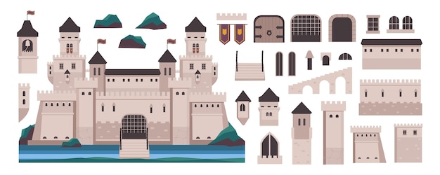 Medieval castle elements constructor mega set in flat graphic design Creator kit with ancient kingdom palace exterior gates towers doors windows flags and archways other Vector illustration