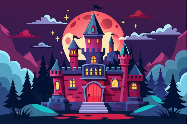 A medieval castle under a full moons glow Horror castle Customizable Disproportionate Illustration